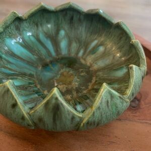 MCM Vintage Very Unique Green Ceramic Lotus Bowl - Home Art Accent